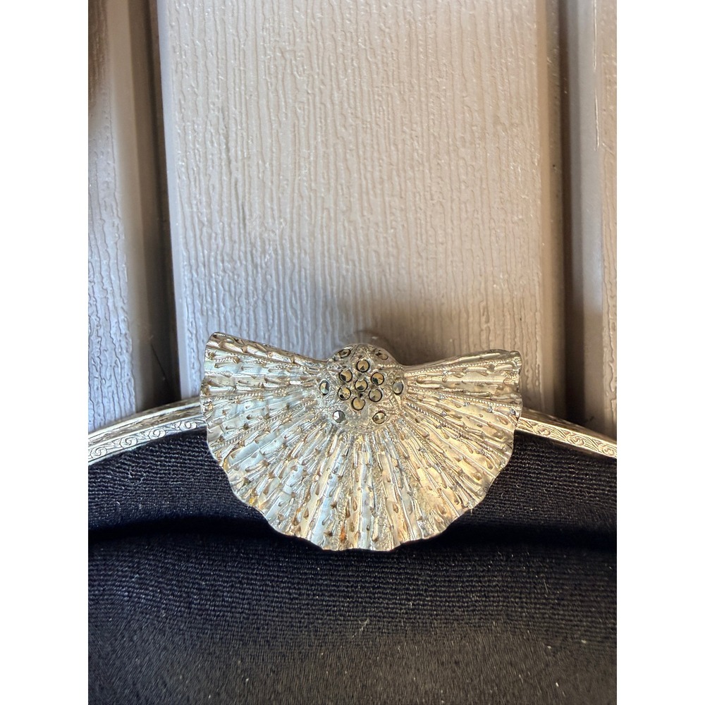 Vintage Black Fabric Handbag Silver Tone Fan Clasp Mid Century Evening Bag -BE - Picture 2 of 6